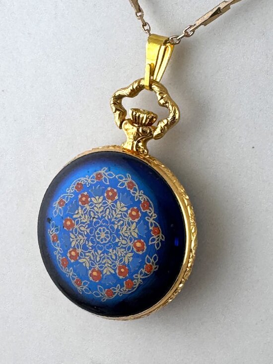 Vintage Hudson Gold Plated Pendant Watch with Blue Guilloche & Red Flower Motifs main image 4